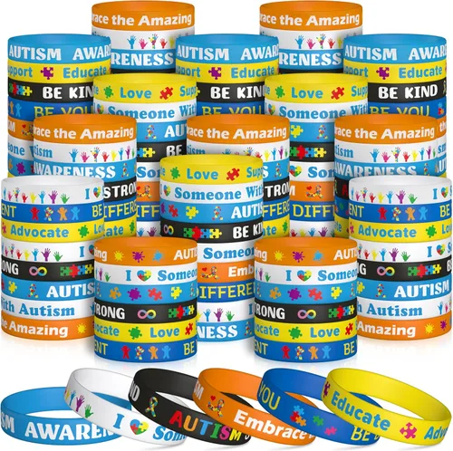 Vista 8 de WATINC Pulseras de silicona para concientización sobre el autismo, 6 piezas de rompecabezas coloridas, cintas elásticas, pulseras de goma
