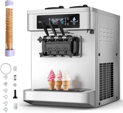 Vista 12 de VEVOR Máquina de helados comercial, rendimiento de 20-28 L/H, 2200 W 3 sabores para encimera de helado suave con 2 tolvas de 6 L y agitación