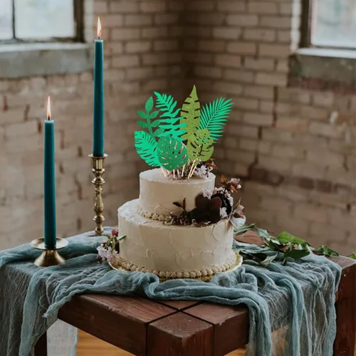 Vista 5 de 7 piezas de hojas tropicales con purpurina para tartas, plantas verdes de la selva, paletas, hojas de palmera, decoración de pasteles para verano
