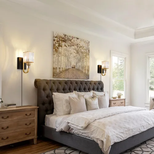 Vista 6 de Aplique de pared moderno de cristal con enchufe, lámpara de pared montada en negro dorado, lámpara de tocador enchufable con interruptor