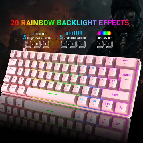Vista 3 de Combo de teclado y mouse 60% mecánico para juegos, mini 62 teclas tipo C Chroma 20 efectos retroiluminados arcoíris, mouse ligero RGB, almohadilla