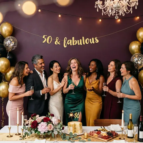 Vista 9 de Cartel de 50 y fabuloso con purpurina dorada preencordada, divertidas decoraciones de cumpleaños 50 y aniversario para hombres y mujeres, Dorado