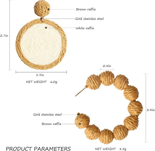 Vista 2 de Rattan Earrings Handmade Raffia Hoop Earrings for Women Summer Straw Boho Dangle Geometric Earrings Statement Beach Accessory Jewelry