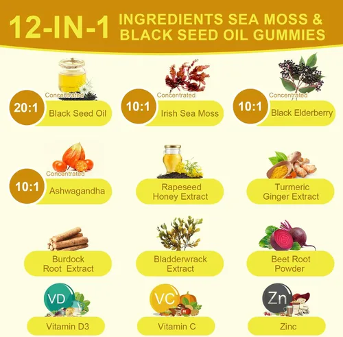 Vista 3 de Gomitas de aceite de semilla negra con Ashwagandha y musgo marino irlandés y saúco, suplemento de apoyo inmunológico con vitamina C, D3, zinc