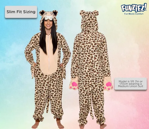 Vista 3 de Funziez! Slim Cat and Bear Adult Onesie - Leopard Halloween Costume - Plush Animal One Piece Cosplay Suit for Adults Women
