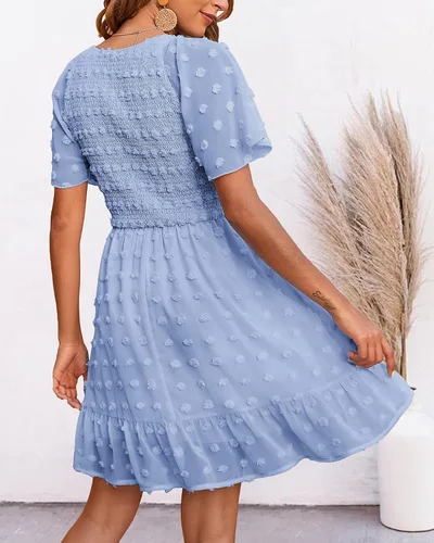 Vista 5 de BTFBM - Vestido casual de manga corta con cuello en V para mujer, con lunares suizos, dobladillo con volantes, vestidos cortos de playa