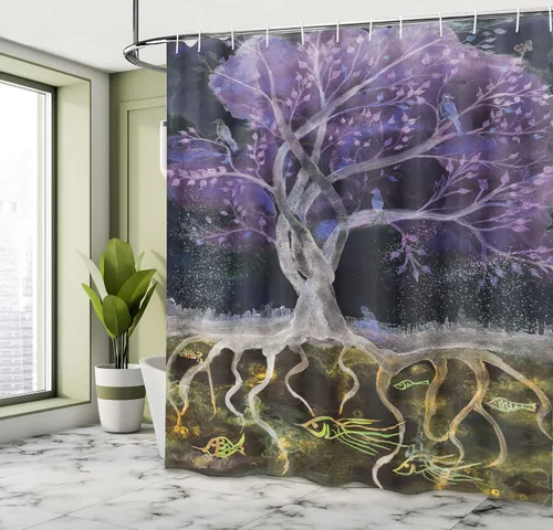 Vista 4 de Ambesonne Cortina de ducha con diseño de árbol de la vida, naturaleza misteriosa psicodélica en la noche, pájaros y peces, arte para el hogar, juego