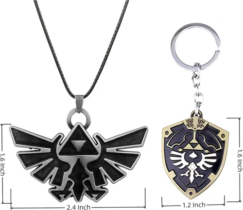 Vista 2 de Juego de collar con diseño de escudo Hylian para cosplay, juego de collar con símbolo de trifuerza, llavero, cadena colgante, regalo de joyería