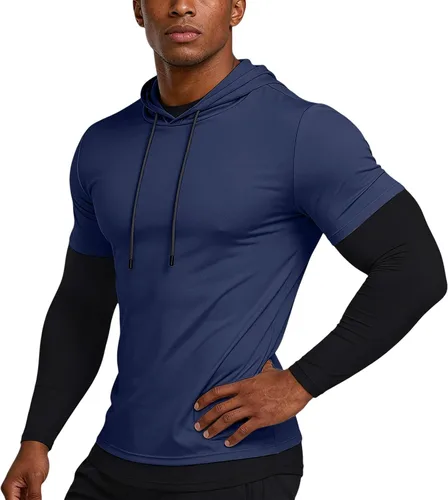 Vista 9 de Sudadera con capucha de secado rápido para hombre, manga larga, falsa de dos piezas, color sólido, camiseta atlética para entrenamiento y fitness
