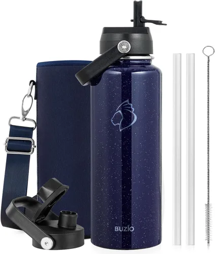 Vista 19 de BUZIO Botella de agua aislada de 24 oz, frasco de agua de boca ancha de acero inoxidable con tapa de pajita, frío durante 48 horas a prueba de Negro