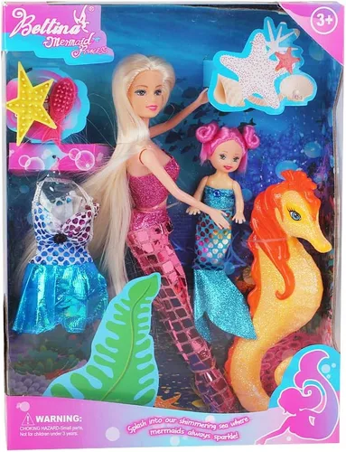 Vista 7 de BETTINA Muñeca mágica de sirena que cambia de color, juguete de princesa sirena con caballito de mar y accesorios para muñecas, cabello rosa