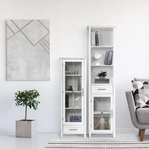 Vista 5 de Teamson Home Delaney Linen Tower - Torre alta y estrecha para baño, ahorra espacio de almacenamiento con 1 puerta de panel de vidrio, 3 estantes