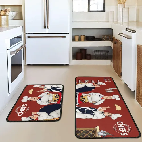Vista 5 de Fat Chef - Juego de 2 alfombras y tapetes de cocina, alfombras rojas para decoración de cocina, tapetes con respaldo de goma antideslizante