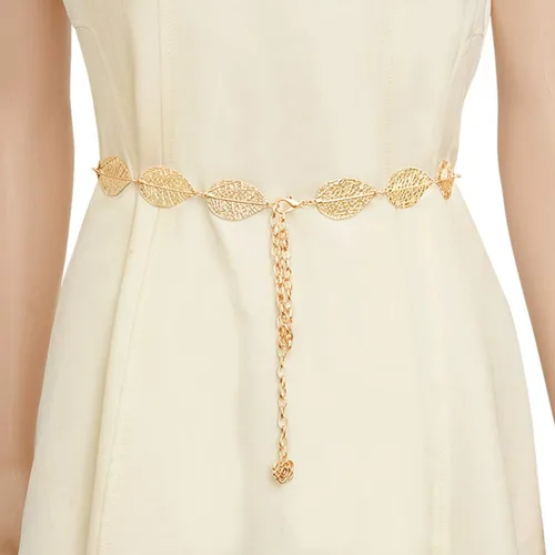 Vista 5 de Coucoland Cinturón de cadena de cintura ajustable para mujer, diseño de hoja de metal para vestido, Oro