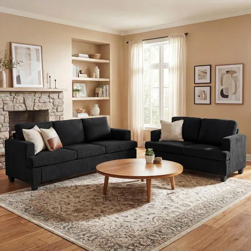 Vista 34 de YOUDENOVA Juego de 2 piezas de sofá cómodo, sofá biplaza * 2 con asientos profundos, sofá cama moderno para sala de estar, terciopelo negro