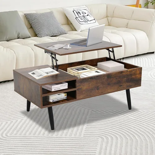 Vista 8 de BLKMTY Mesa auxiliar con mesa elevadora, mesa auxiliar multifuncional con compartimento oculto y estante de almacenamiento, mesa de centro de madera
