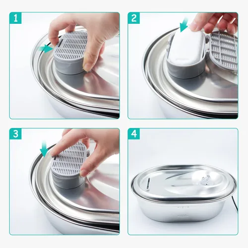 Vista 3 de Monsin Filtros de fuente de agua para gatos de acero inoxidable de 67 onzas/2 litros de flujo de agua ajustable para mascotas, paquete de 4 filtros