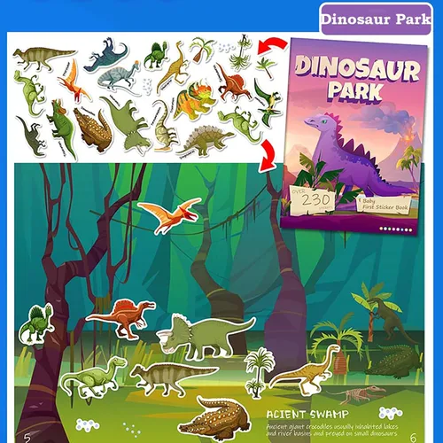 Vista 2 de Libro de calcomanías de dinosaurios para niños, más de 230 calcomanías y 8 escenas, parque de dinosaurios, libro de actividades lado a lado