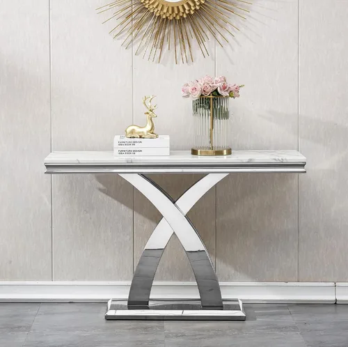 Vista 3 de Mesa de consola de mármol, moderna mesa rectangular de lujo para sofá de entrada de mármol con parte superior de mármol sintético de 0.71 pulgadas