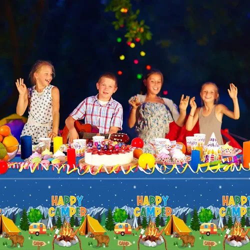 Vista 7 de Tegeme Mantel de plástico con temática de fogata y bosque, 1 pieza, para campamento, fiesta, suministros de decoración