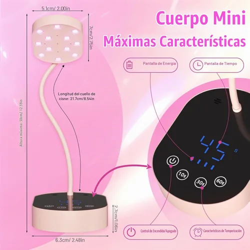 Vista 4 de Lámpara de curación flash, 36 W, mini gel inalámbrico x lámpara de uñas de curación, sensor automático, cuello de cisne, portátil, USB, secado