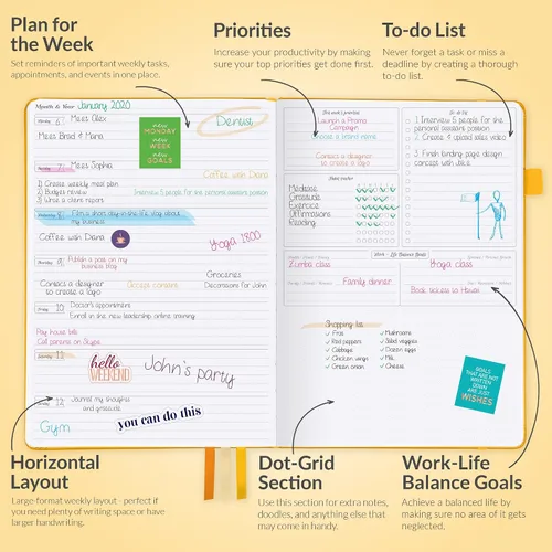 Vista 3 de GoGirl Planner Pro: Agenda semanal y organizador con diseño horizontal + páginas de seguimiento de presupuestos y gastos, diario de objetivos, sin