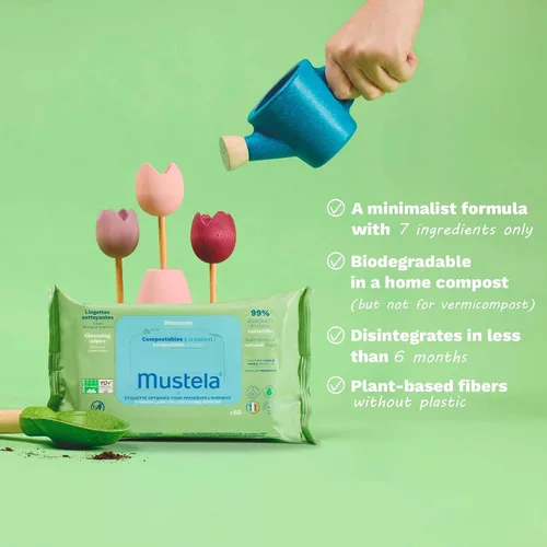 Vista 3 de Mustela Baby Home Toallitas limpiadoras compostables – Para la cara, el cuerpo y el área del pañal – 99% de ingredientes de origen natural y fibras