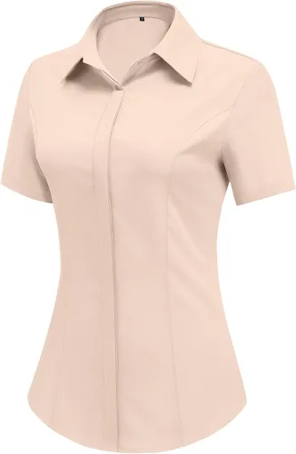 Vista 12 de HOTOUCH Camisas de manga corta con botones para mujer, blusa con cuello ajustado, blusa básica de verano para oficina, tallas S-2XL