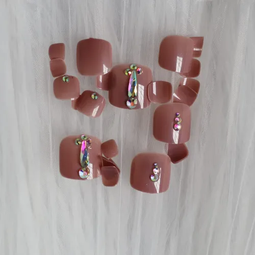 Vista 2 de 24 uñas de los pies a presión color caqui para los dedos de los pies, elegantes y exquisitas piedras brillantes, uñas postizas para novias, puntas