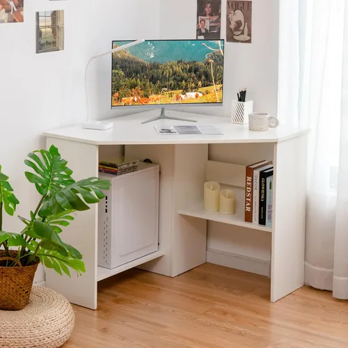 Vista 11 de Escritorio esquinero Tangkula, escritorio de computadora de 90 grados en forma de triángulo para espacios pequeños, escritorio esquinero