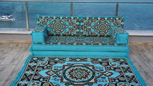 Vista 2 de Turquoise Arabic Living Room, Moroccan Home Decor, Floor Cushion, Arabic Floor Couch, Turkish Floor Sofa, Ethnic Sofa, Arabic Sofa Seating