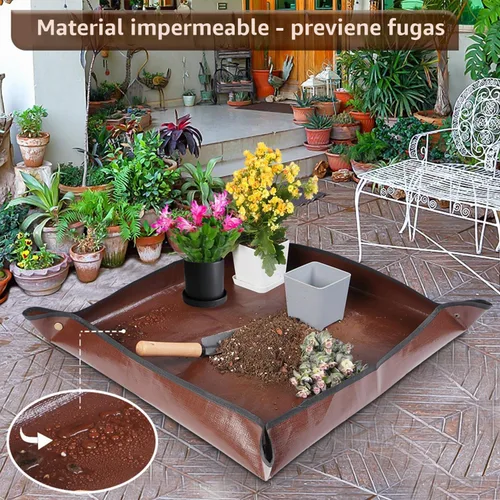Vista 4 de Tapete de trasplante de 26.8"X26.8" para plantas de interior para controlar el desorden, tapete de bandeja de jardinería plegable e impermeable 1