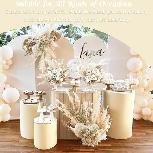 Vista 7 de Fivenl Juego de 5 fundas de elastano para pedestal cilíndrico, color beige, elásticas, cubiertas de zócalo cilíndrico para mesa de postre, cubierta