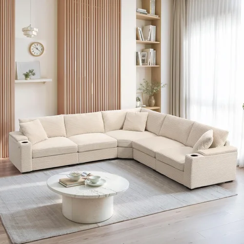 Vista 9 de Sofá modular de 103 pulgadas con 2 consolas acrílicas, juego de sofá en forma de U de gran tamaño con cargador USB, cajones de almacenamiento, Beige