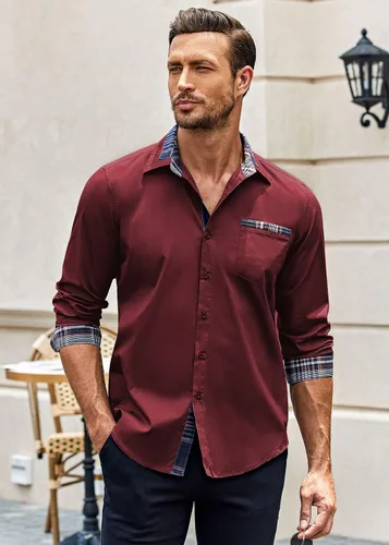 Vista 2 de COOFANDY - Camisa de vestir de algodón con mangas largas, botones y cuello a cuadros, de estilo casual, para hombres