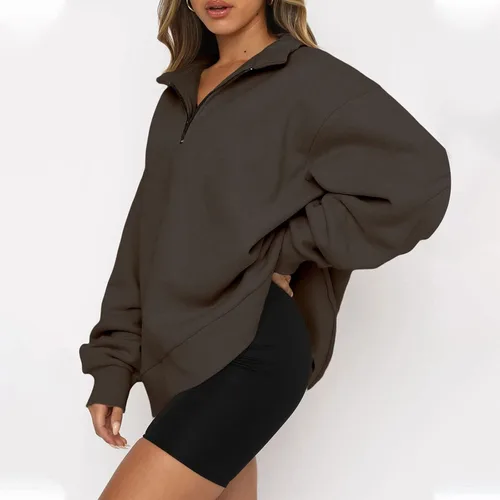 Vista 6 de Sudadera clásica para mujer, con cremallera de un cuarto, color liso, de gran tamaño, ajuste delgado, casual, ropa Y2K