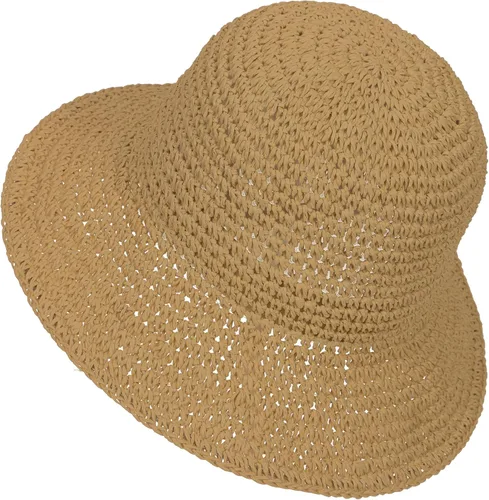 Vista 10 de Sombrero de sol para mujer, hecho a mano, cubo de paja de ganchillo para verano, plegable, gorra de viaje Beige