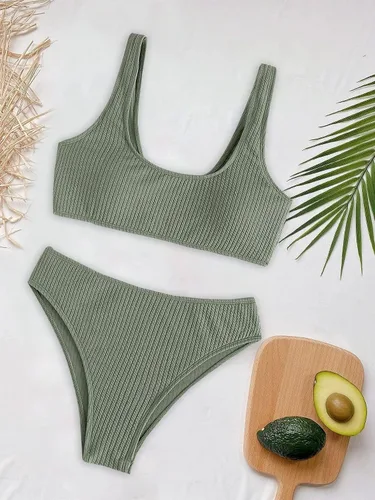 Vista 6 de Lilosy Conjunto de bikini acanalado de cintura alta, traje de baño atrevido de 2 piezas