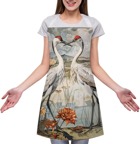 Vista 3 de MUSM Apron for Adults - 27.6 X 31.5 Inch, Heavy-Duty Polyester Aprons with Two Large Pockets, Waterproof Two Cranes Painting Kitchen Apron for