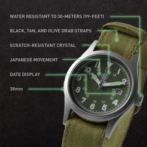 Vista 5 de Smith & Wesson Reloj militar para hombre, 3 correas de lona intercambiables, resistente al agua 3 ATM, visualización de la fecha, cristal resistente