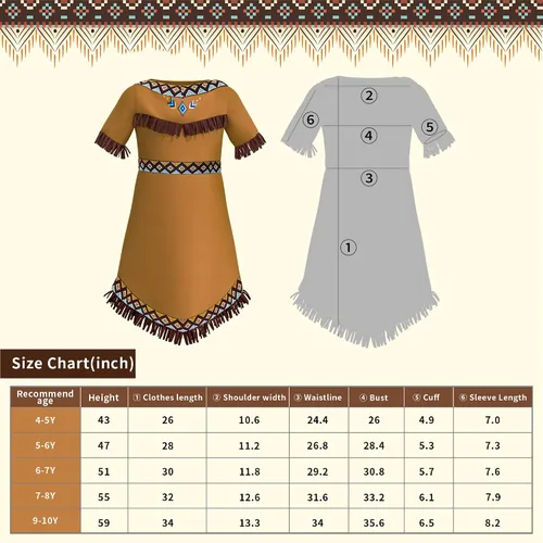 Vista 7 de Latocos 6 Pcs Girls Native American Costume Set Indian Princess Dress Outfit for Kids 4-10 Cosplay Dress Up Pretend Play