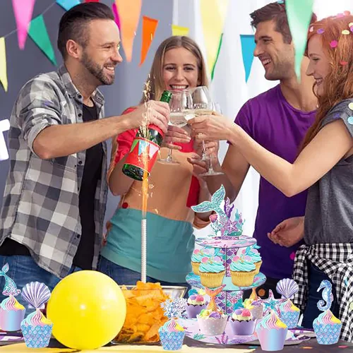 Vista 6 de Soporte para cupcakes de sirena, 3 niveles con 12 adornos Bajo el tema del mar, decoraciones de fiesta de cumpleaños para niñas, suministros