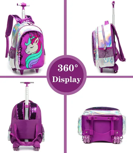 Vista 3 de Mochila con ruedas para niñas, mochila con ruedas, mochila para niñas, para la escuela, unicornio, reversible, con lentejuelas, Púrpura