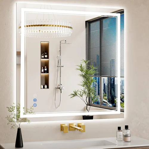 Vista 34 de Espejo de baño LED de 22 x 30 pulgadas con luces, antiniebla, retroiluminado + luz frontal, regulable, espejo de tocador LED para pared, espejo