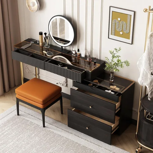 Vista 2 de Lartis Tocador de maquillaje con taburete, muy fácil de montar, combinación de gabinete de TV retráctil, tocador en uno, súper almacenamiento