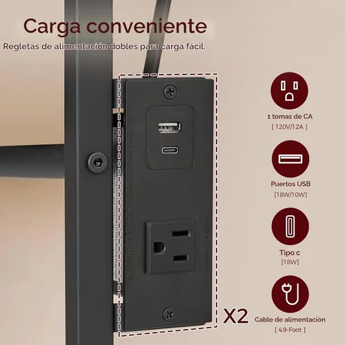 Vista 4 de MAHANCRIS Cabecera tamaño Queen solamente, cabecera de metal con 2 regletas de enchufes, respaldo reclinable de 95 grados con adaptadores