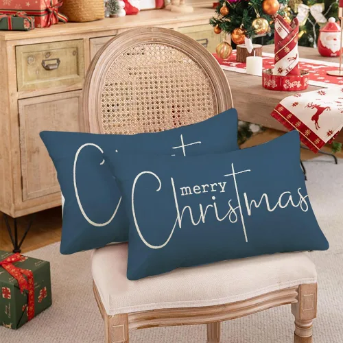 Vista 5 de RABUSOFA Fundas de Almohada de Navidad de 12 x 20 pulgadas, Decoraciones con Frase de Feliz Navidad, Fundas de Almohadas Decorativas de Invierno Azul
