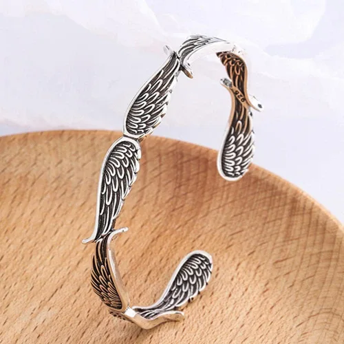 Vista 7 de Pulsera de plata de ley de estilo vintage con alas de ángel, ajustable, pulseras inspiradoras para mujeres y hombres, regalo de joyería inspiradora