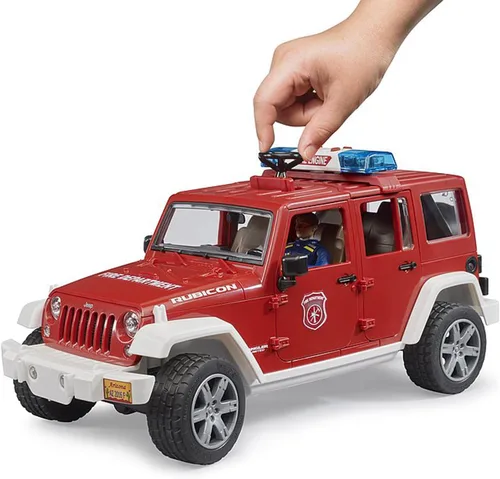 Vista 5 de Bruder Jeep Rubicon - Vehículo de rescate de bomberos con sonidos electrónicos de sirena de emergencia y figura de bombero Jeep Wrangler Unlimited