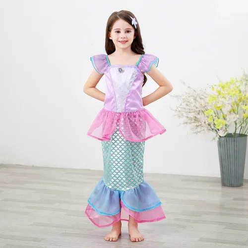 Vista 9 de Ficlwigkis Disfraz de sirena para niños vestido de fiesta de lentejuelas vestido de sirena pequeña para niñas fiesta de cumpleaños cosplay 3-10 años